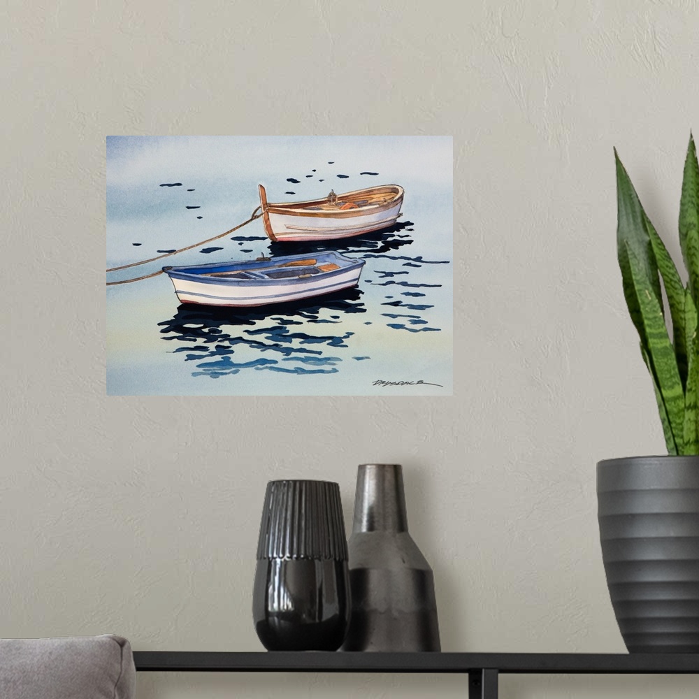 A modern room featuring Watercolor painting of charming boats in a canal in Italy.