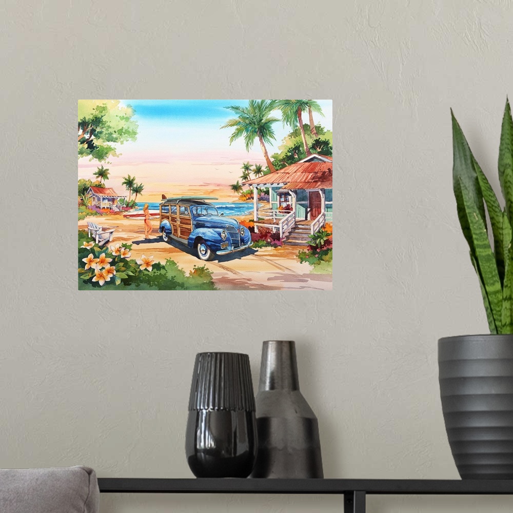 A modern room featuring Watercolor painting of a tropical surfing fantasy.