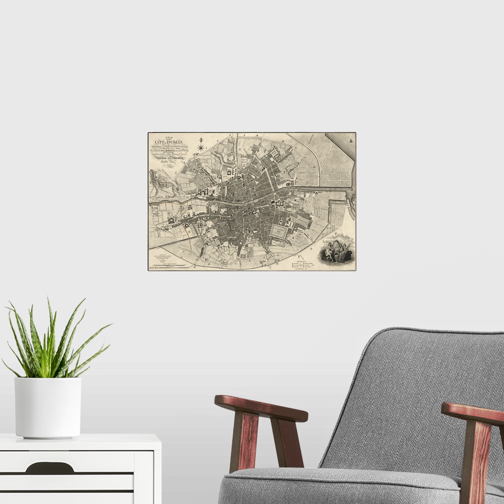 A modern room featuring A vintage map of the city of Dublin as surveyed for the use of the divisional justices to which h...