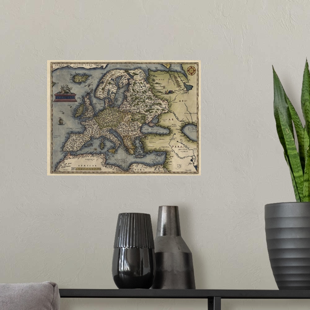A modern room featuring Antique Map of Europe, 1570