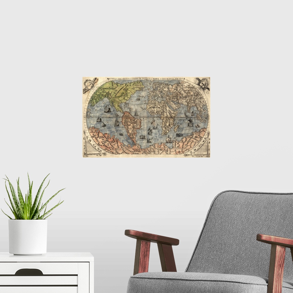 A modern room featuring Oversized wall hanging of an antique world map with Italian text on it.