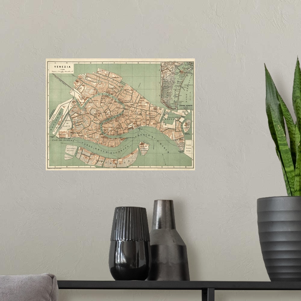 A modern room featuring Antique Map of Venice, ca. 1886