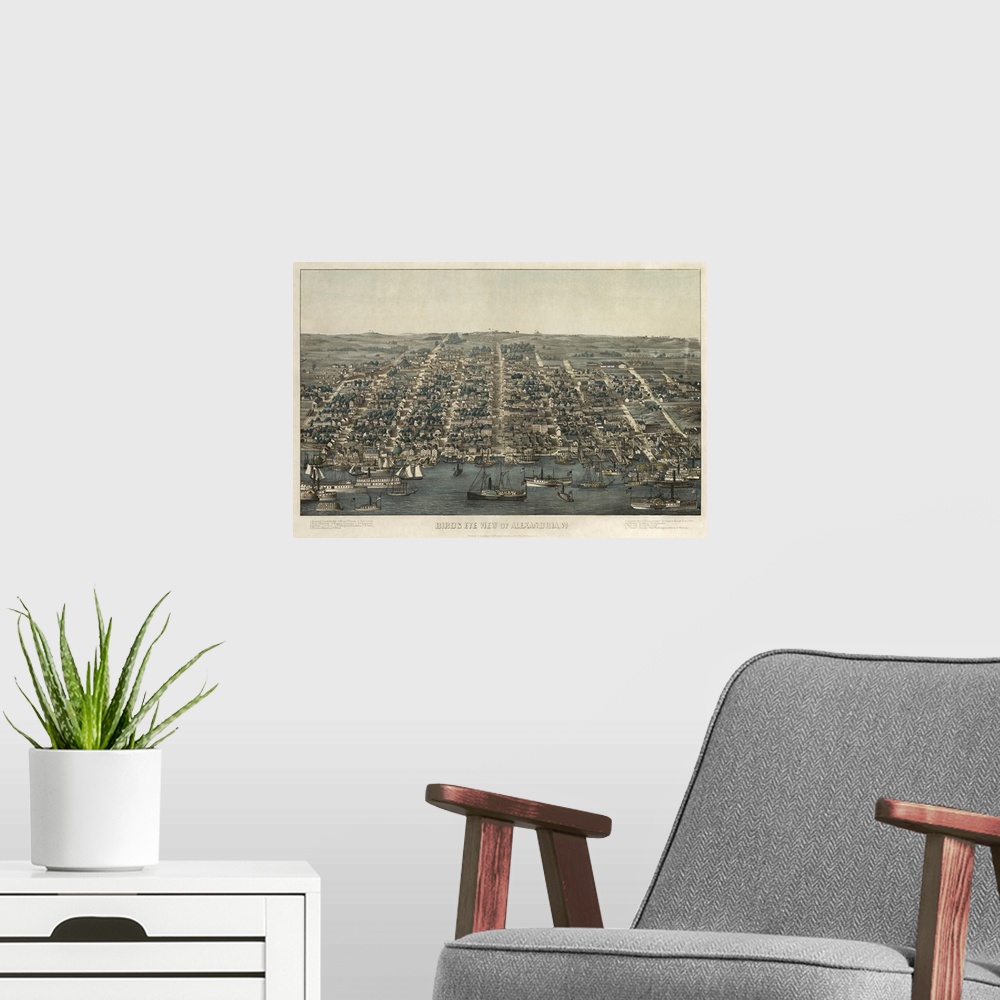 A modern room featuring An antiqued illustrated map of Alexandria printed on canvas.