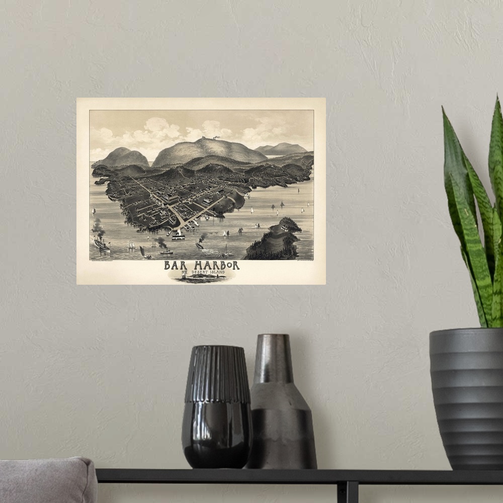 A modern room featuring Vintage Birds Eye View Map of Bar Harbor, Maine
