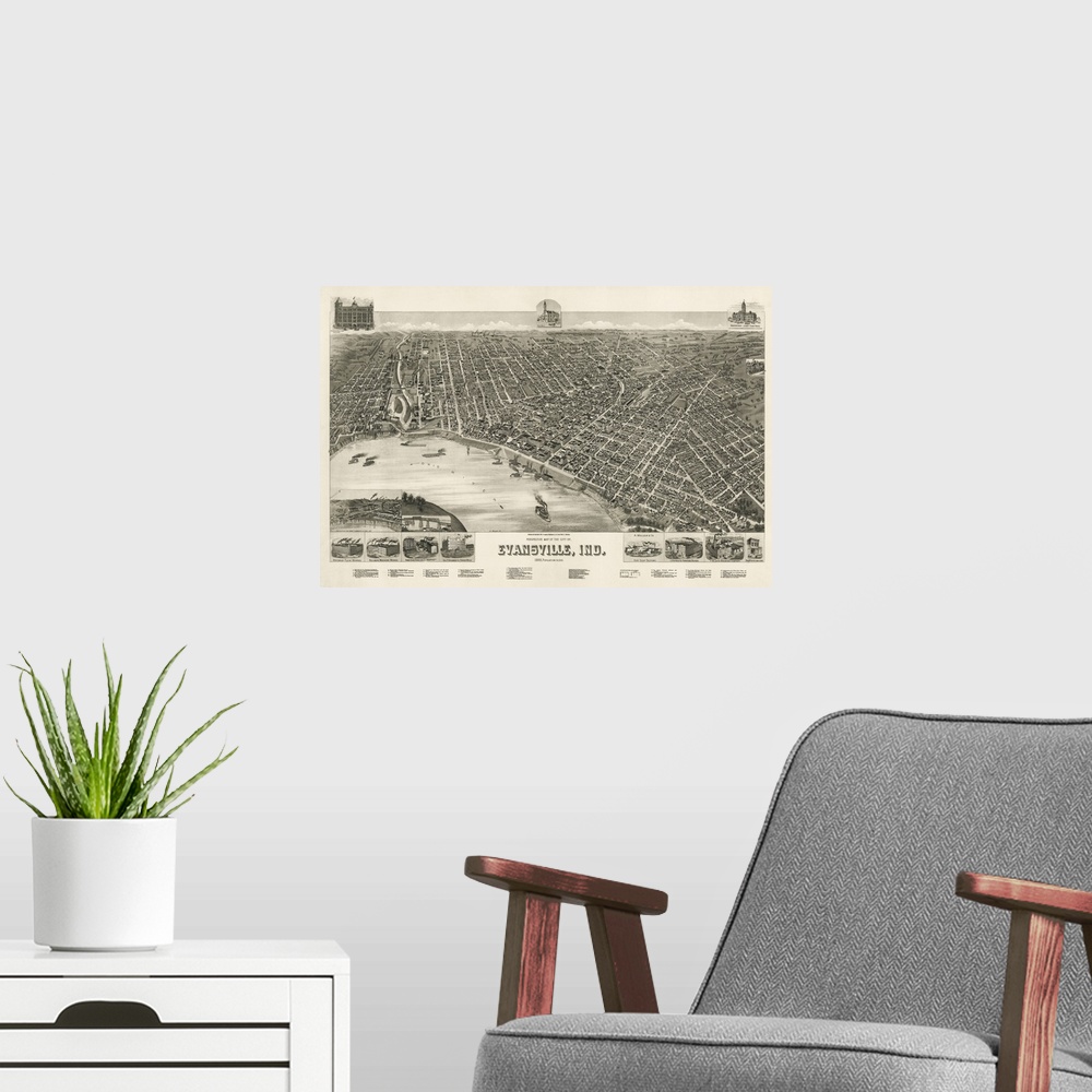 A modern room featuring Vintage Birds Eye View Map of Evansville, Indiana