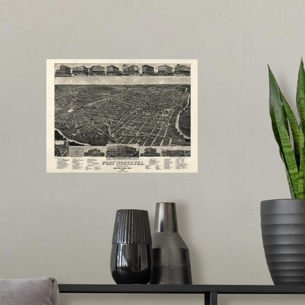 A modern room featuring Vintage Birds Eye View Map of Fort Worth, Texas