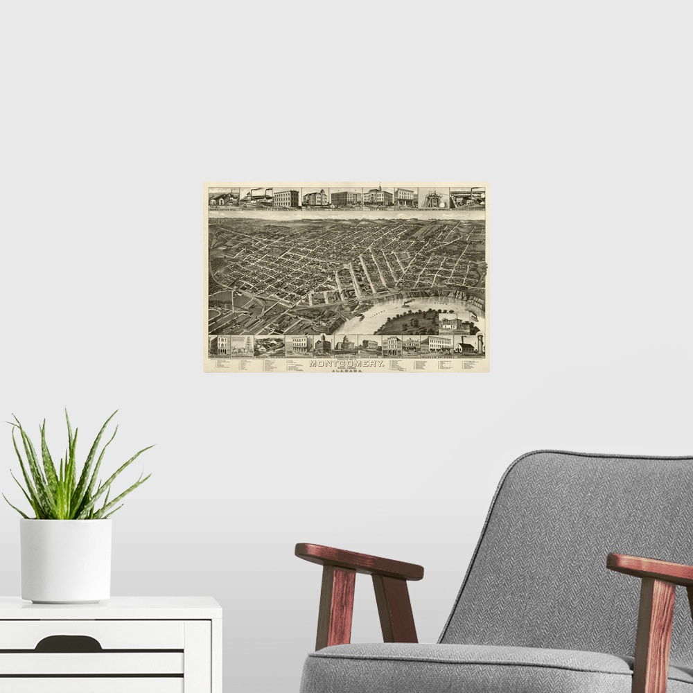 A modern room featuring Vintage Birds Eye View Map of Montgomery, Alabama