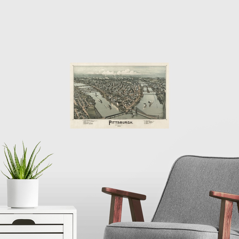 A modern room featuring Old photograph of high angle view of city and waterway with boats.