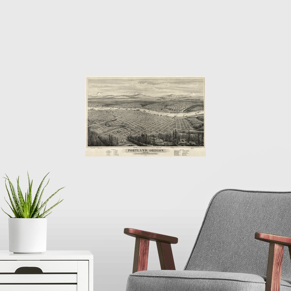 A modern room featuring This large piece is an antique map of the city of Portland in Oregon.