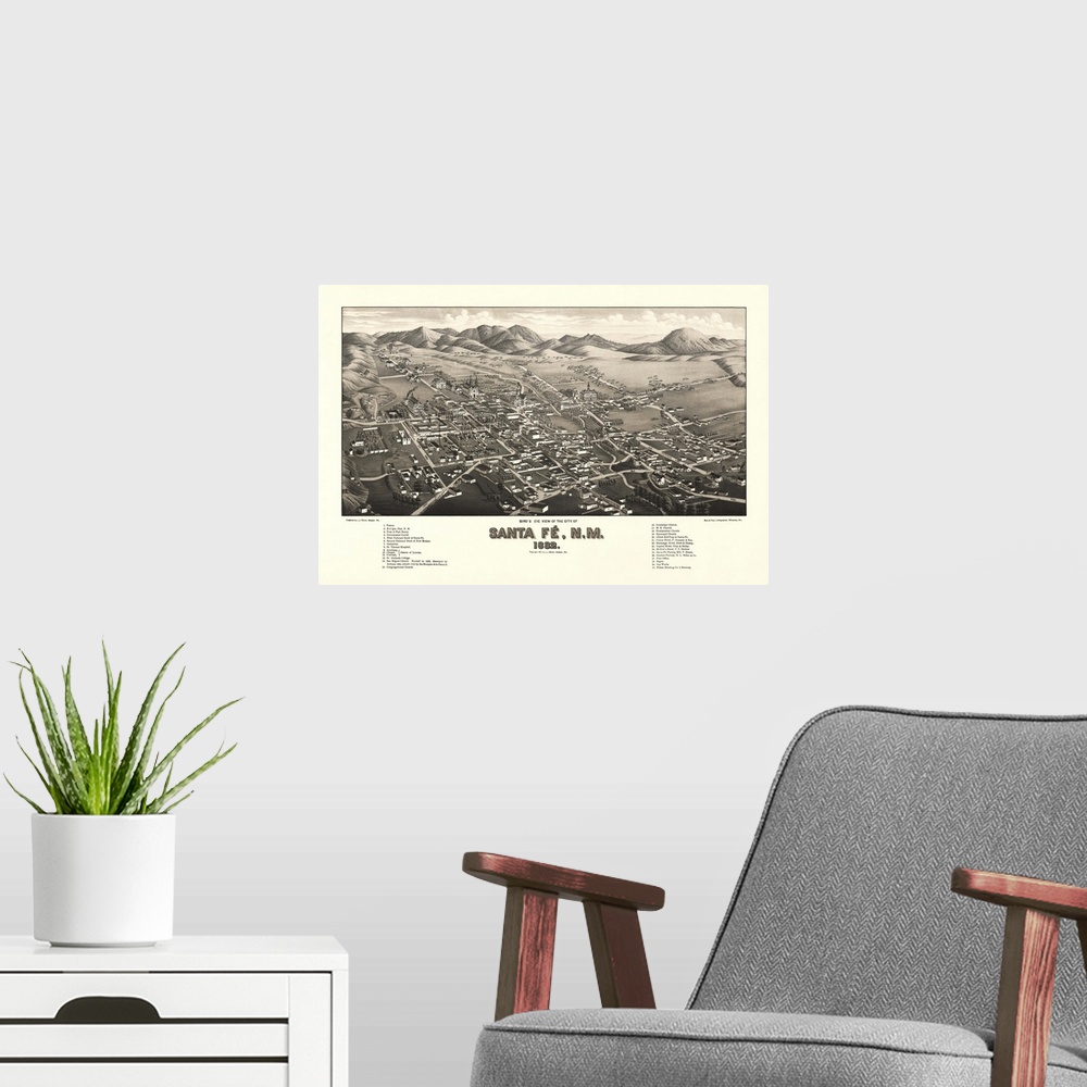 A modern room featuring Vintage Birds Eye View Map of Santa Fe, New Mexico