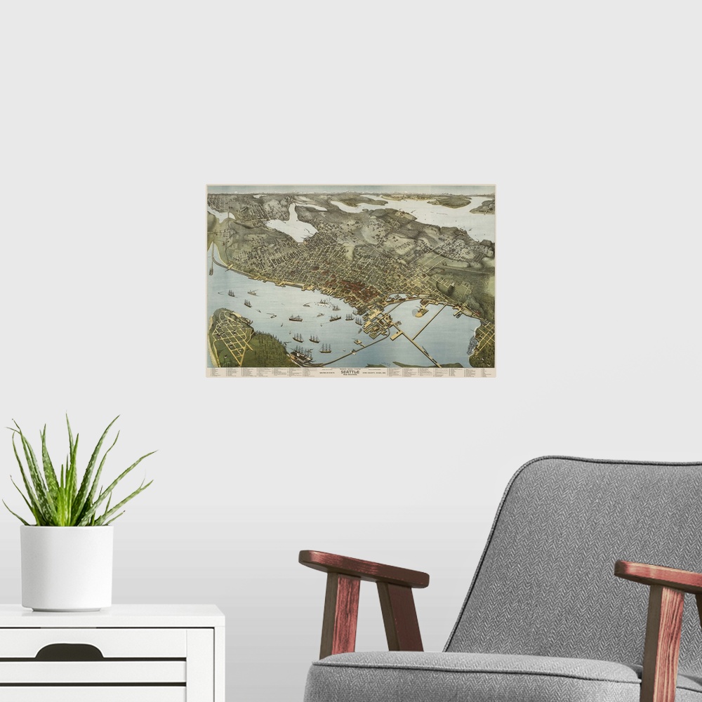 A modern room featuring Vintage Birds Eye View Map of Seattle and Environs