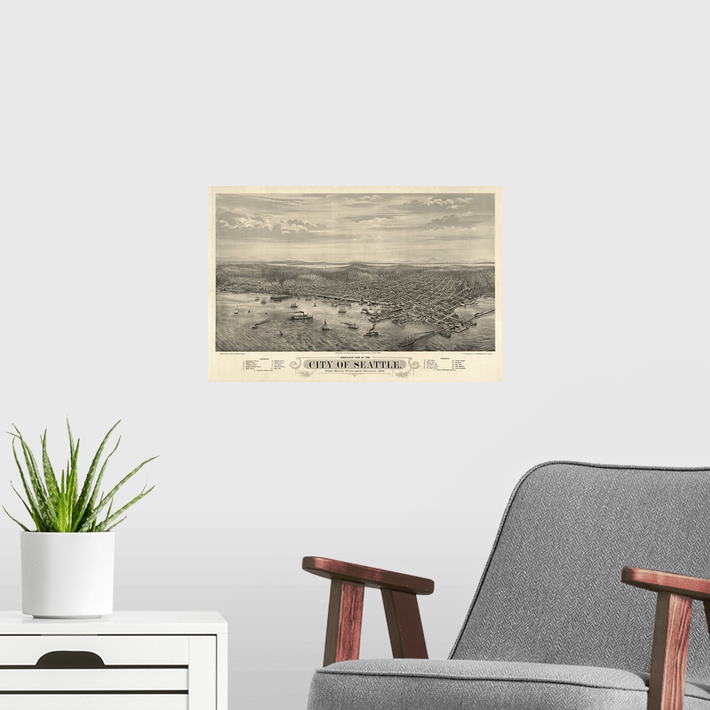 A modern room featuring This large piece is an antique map with the birds eye view of the city of Seattle from the waterf...