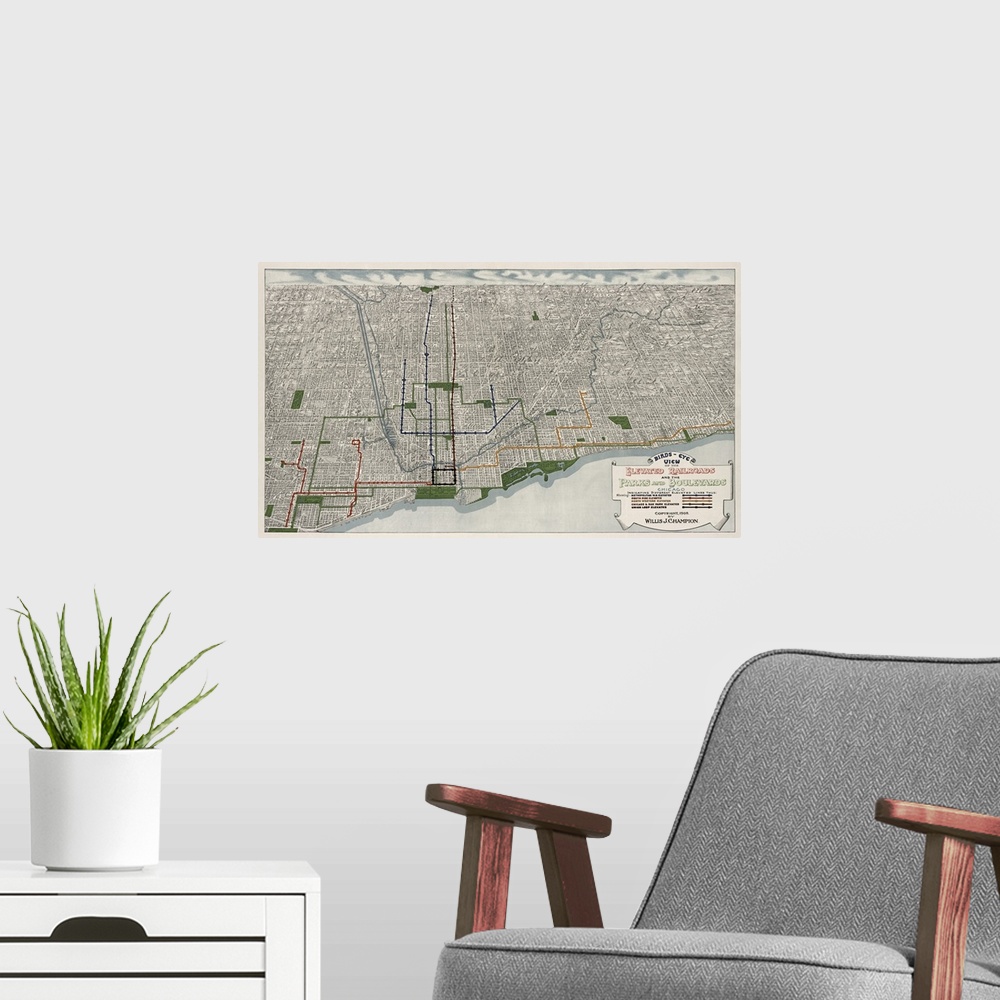 A modern room featuring Vintage Birds-Eye View of the Elevated Railroads and the Parks and Boulevards of Chicago