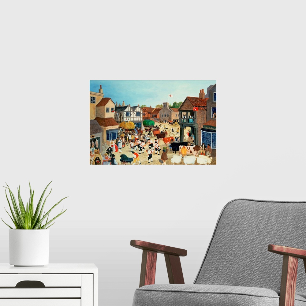 A modern room featuring Contemporary painting of people in a market square with livestock.