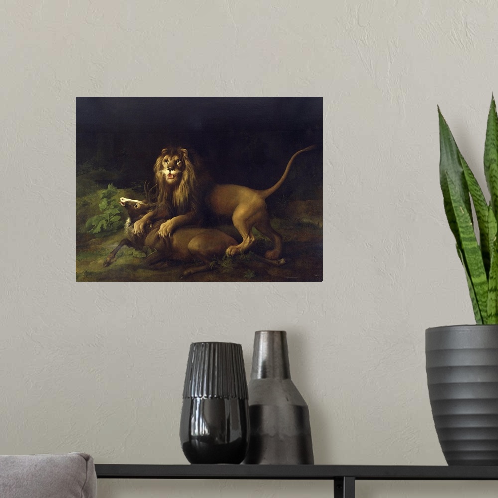 A modern room featuring Painting by George Stubbs of a lion attacking a stag.