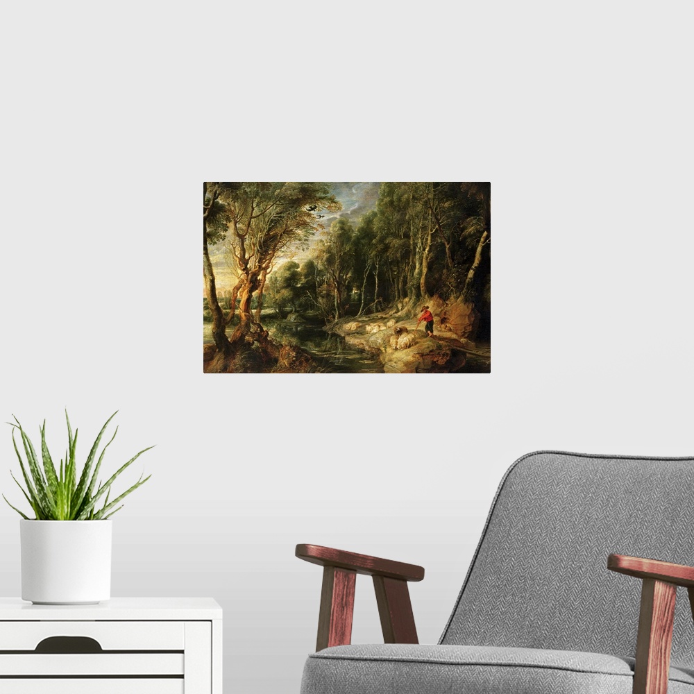 A modern room featuring Classic artwork of a shepherd standing on land beside water with his flock of sheep as they eat t...