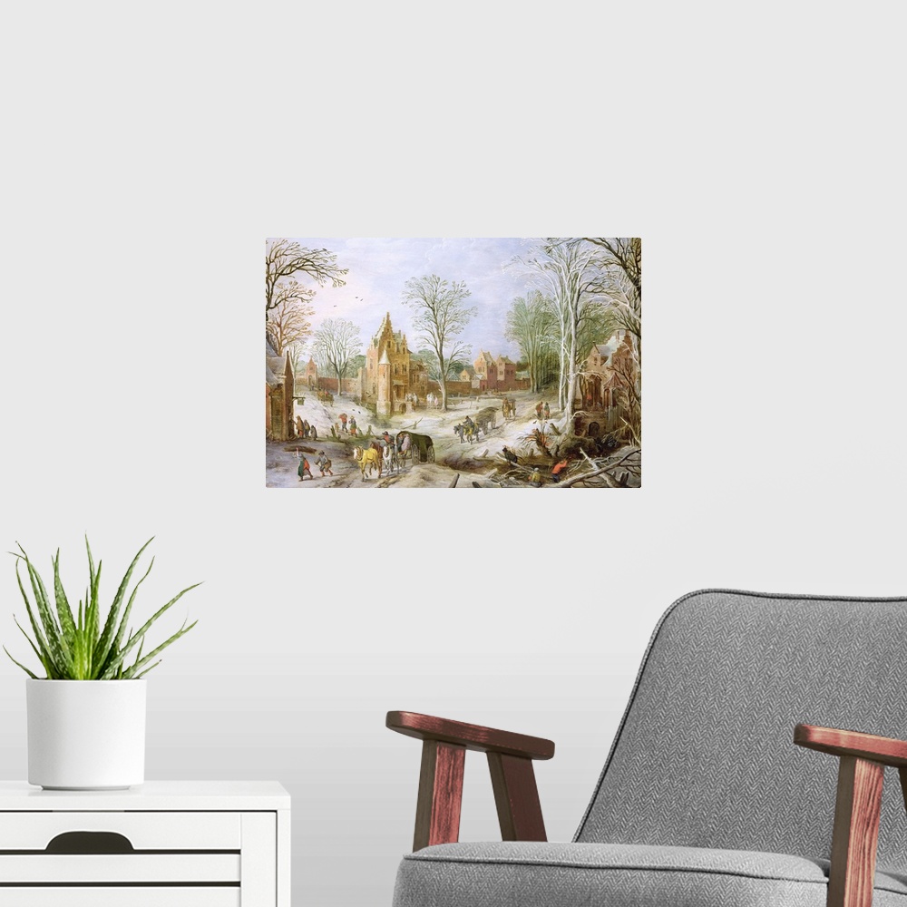 A modern room featuring A wooded winter landscape with a cart