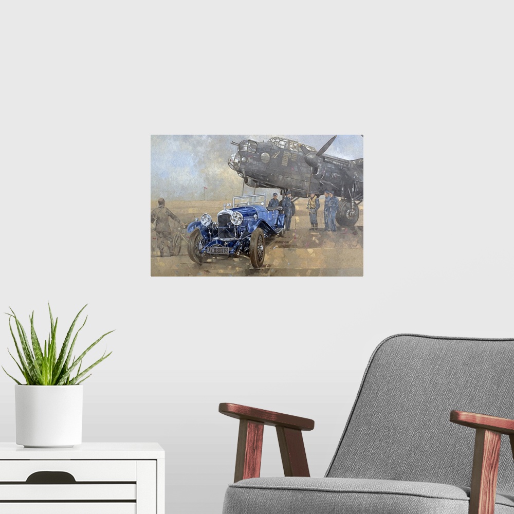 A modern room featuring Oil painting of vintage aircraft and car surrounded with soldiers, pilots, and a man on a bike st...
