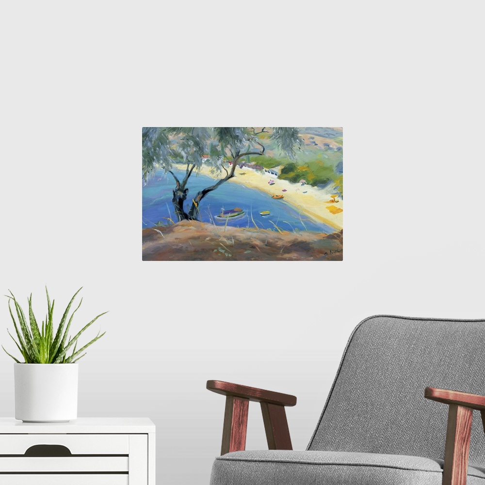 A modern room featuring Oversized landscape painting of a single tree on a hillside, overlooking blue waters with several...