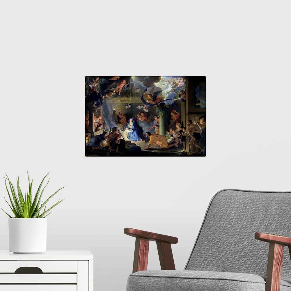 A modern room featuring XIR70517 Adoration of the Shepherds, 1689 (oil on canvas)  by Le Brun, Charles (1619-90); 151x215...