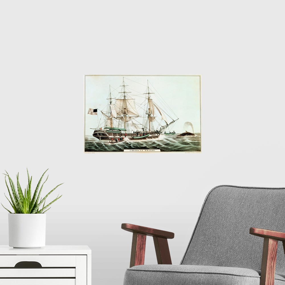 A modern room featuring XJL166124 American Whaler, engraved by Nathaniel Currier (1813-88) (colour litho) by American Sch...