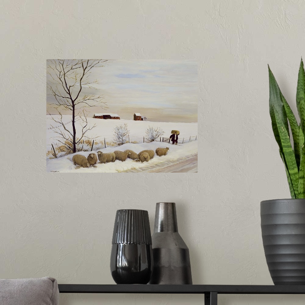 A modern room featuring Contemporary painting of flock of sheep outside in the winter.