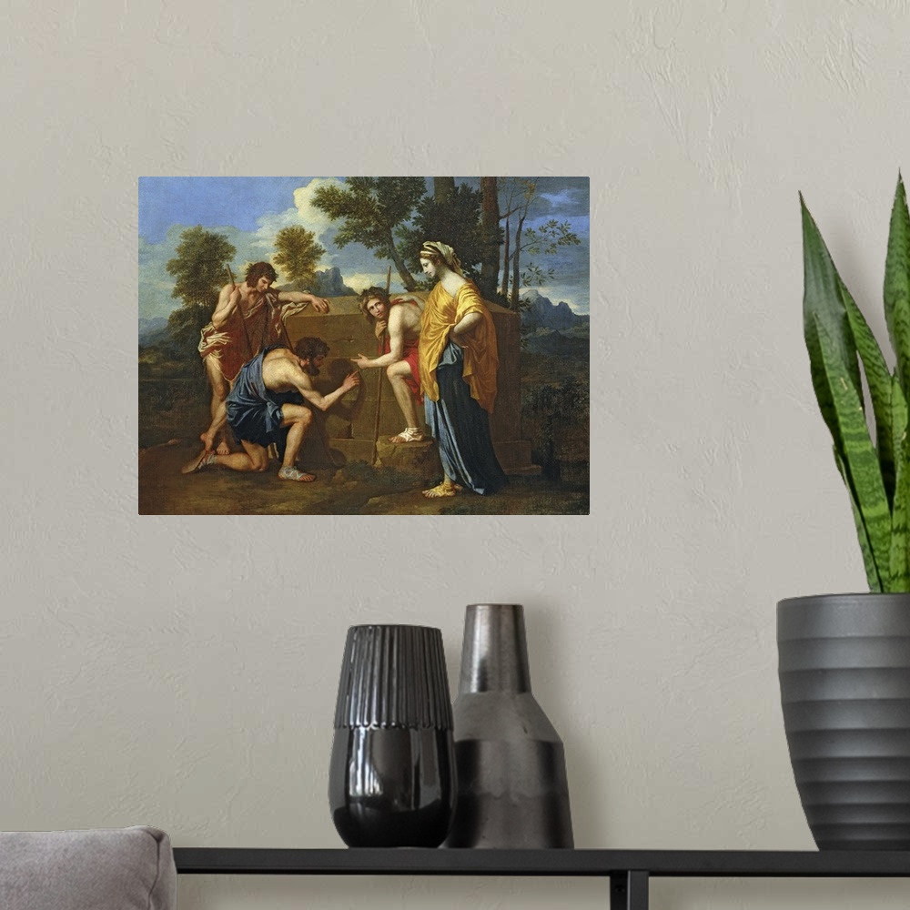 A modern room featuring XIR28367 Arcadian Shepherds (oil on canvas)  by Poussin, Nicolas (1594-1665); 85x121 cm; Louvre, ...