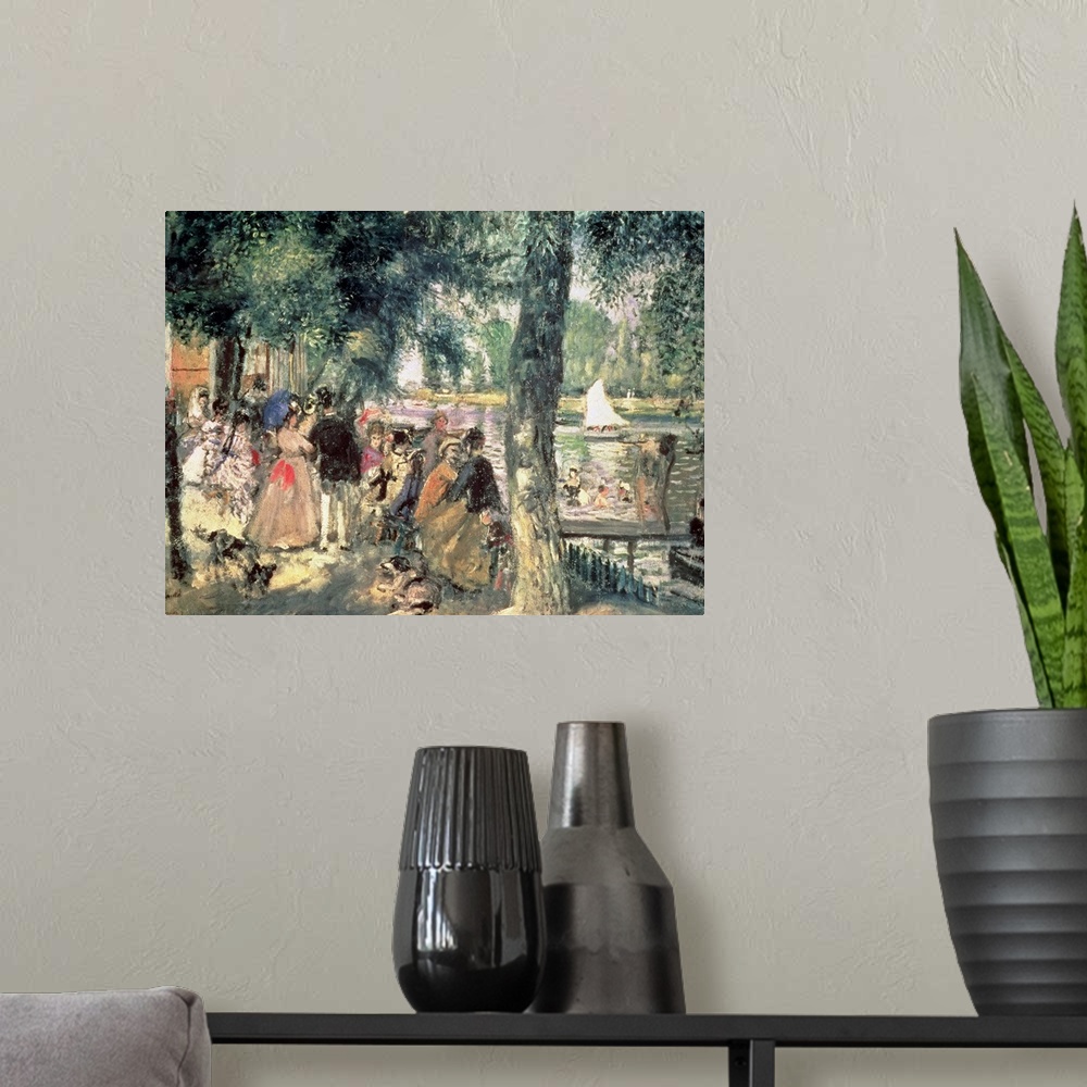 A modern room featuring Classical oil painting on canvas of people standing and bathing in a river.
