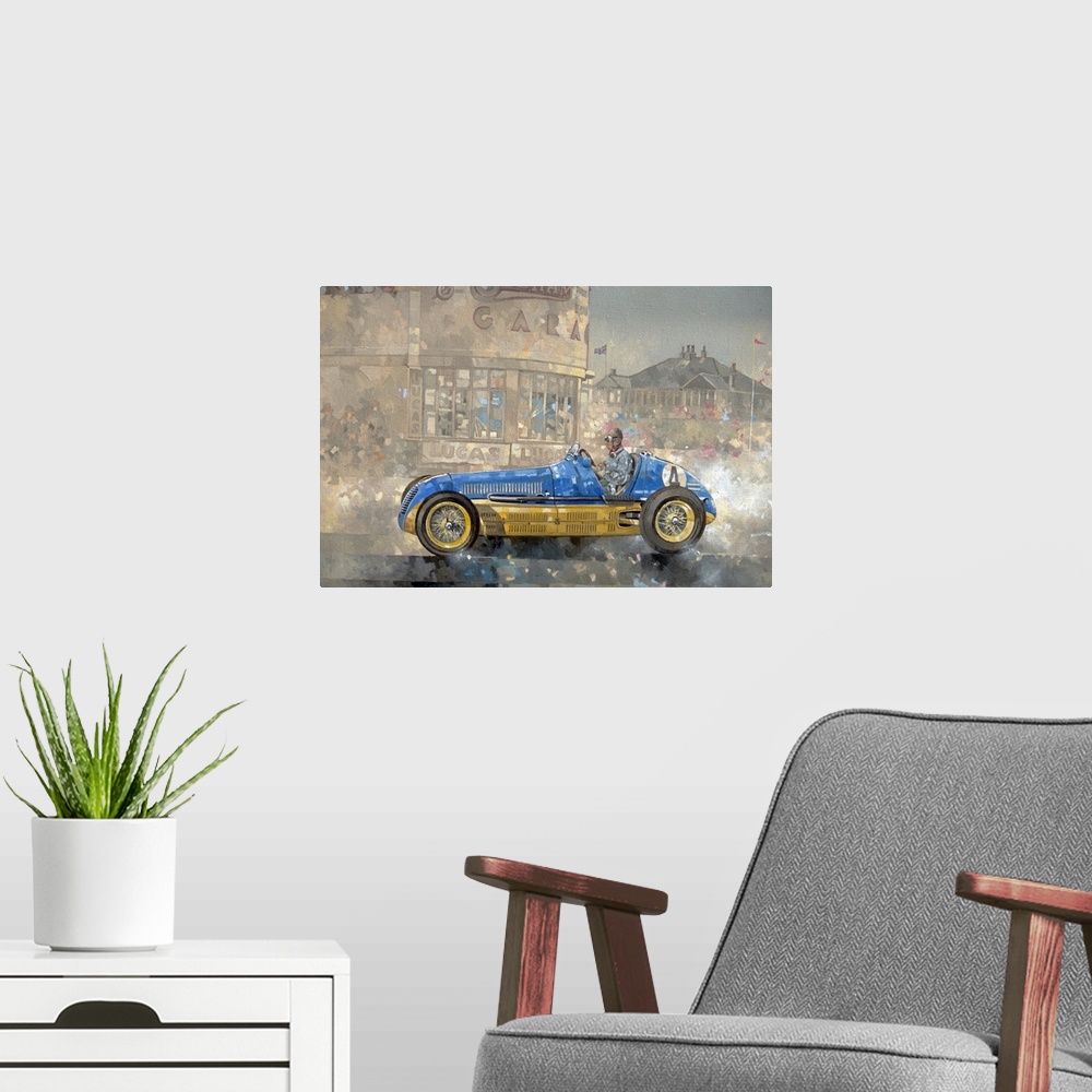 A modern room featuring Contemporary oil painting of a race car driver in a vintage Maserati against a softened background.