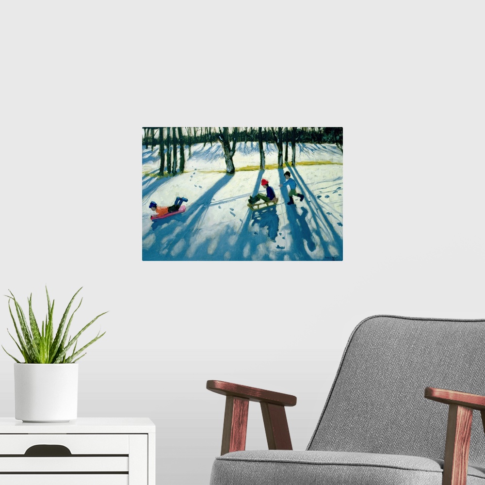 A modern room featuring Boys Sledging, Allestree Park, Derby