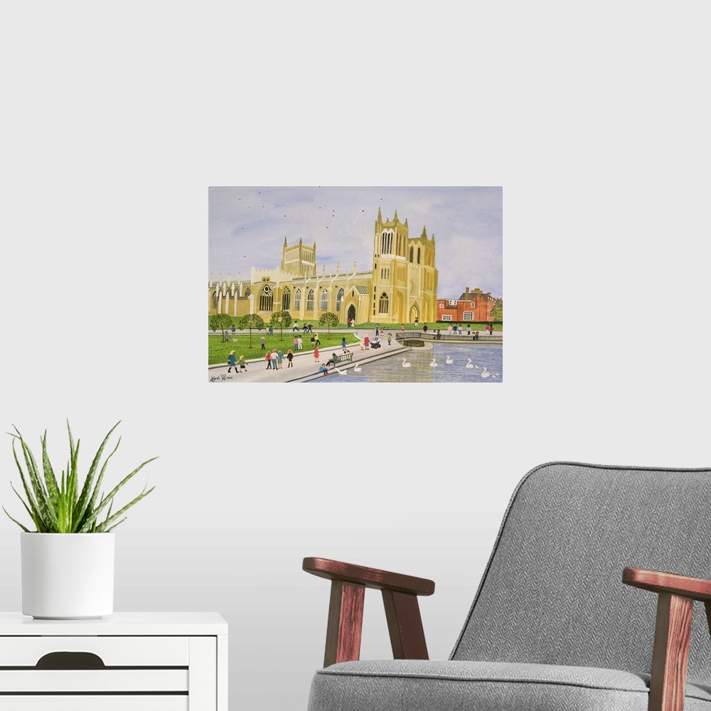 A modern room featuring Contemporary painting of people walking by a cathedral.