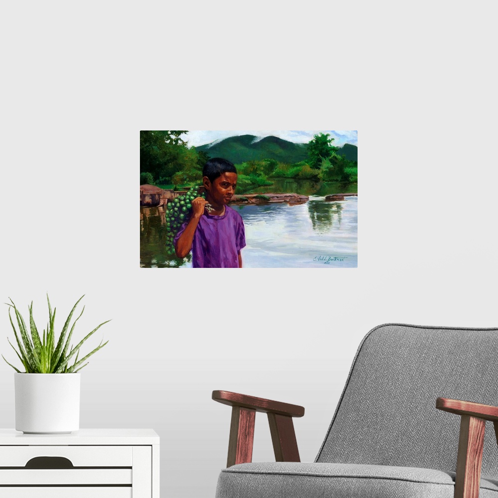 A modern room featuring Contemporary painting of a young boy by the water holding fruit.