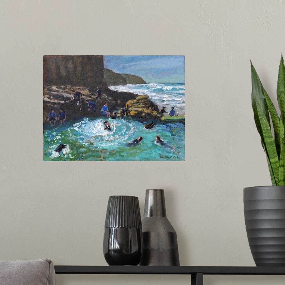 A modern room featuring Chapel Rock Pool, Perranporth, Cornwall, 2017, originally oil on canvas.
