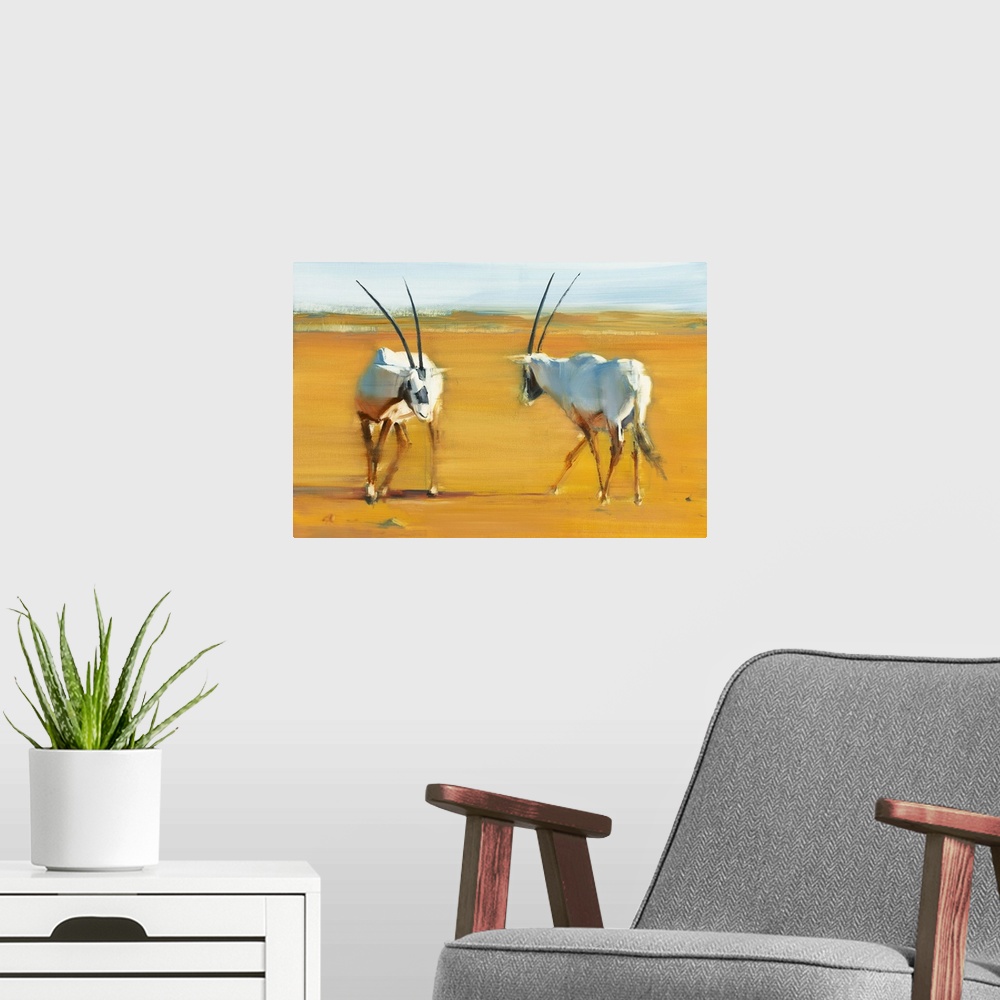A modern room featuring Contemporary wildlife painting of two Oryx in the desert.