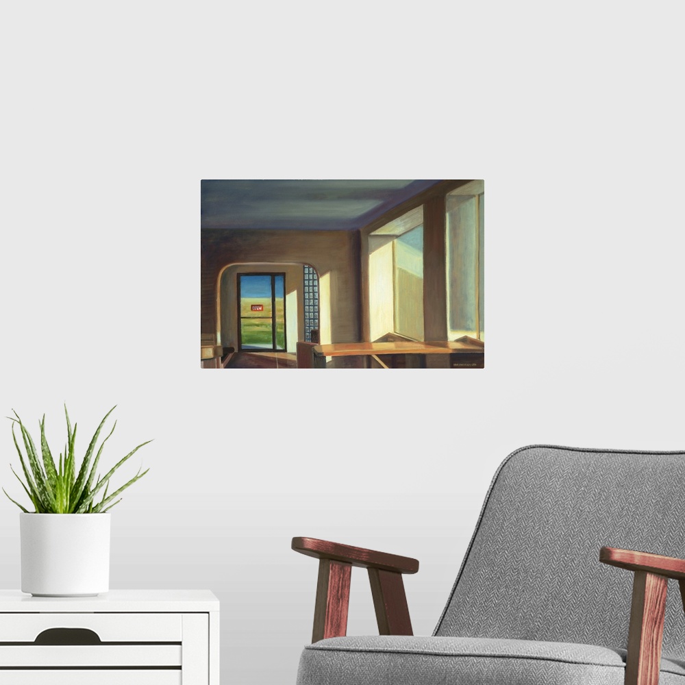 A modern room featuring Contemporary painting of an empty cafe interior.
