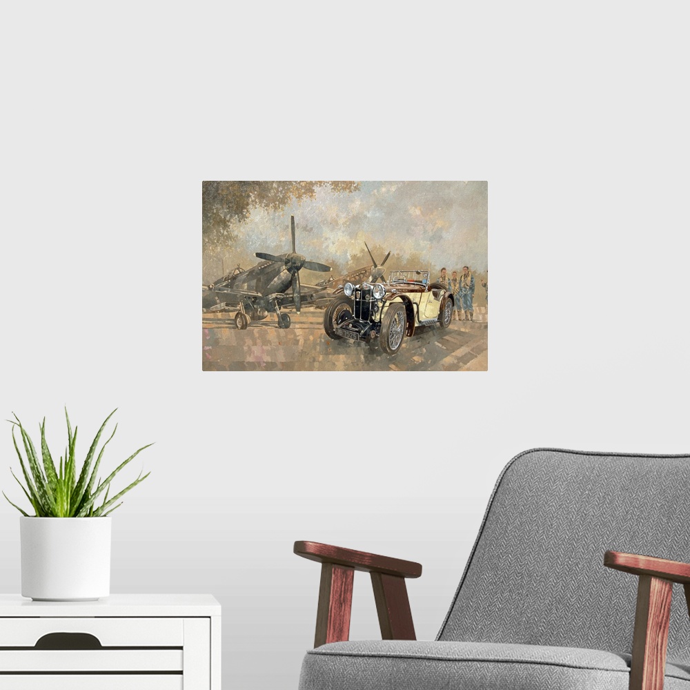A modern room featuring Artwork of a classic car that is parked in front of two military aircrafts as the pilots stand be...