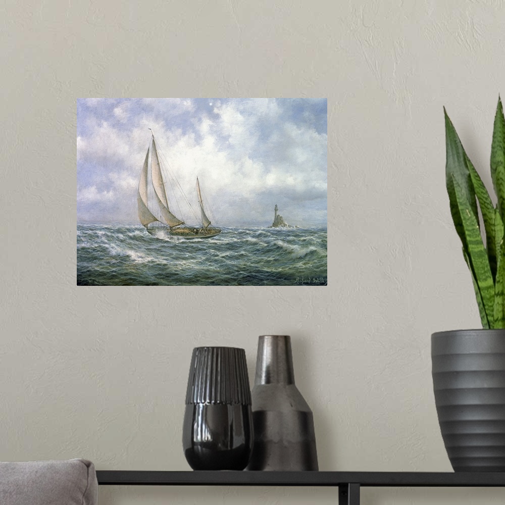 A modern room featuring A large artwork piece of a sailboat in rough waters with a cloudy sky behind it and a lighthouse ...