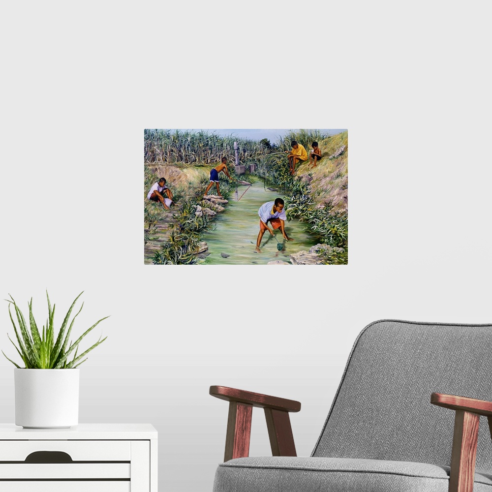 A modern room featuring This wall art is a realistic landscape painting African-American art of young men fishing in a st...