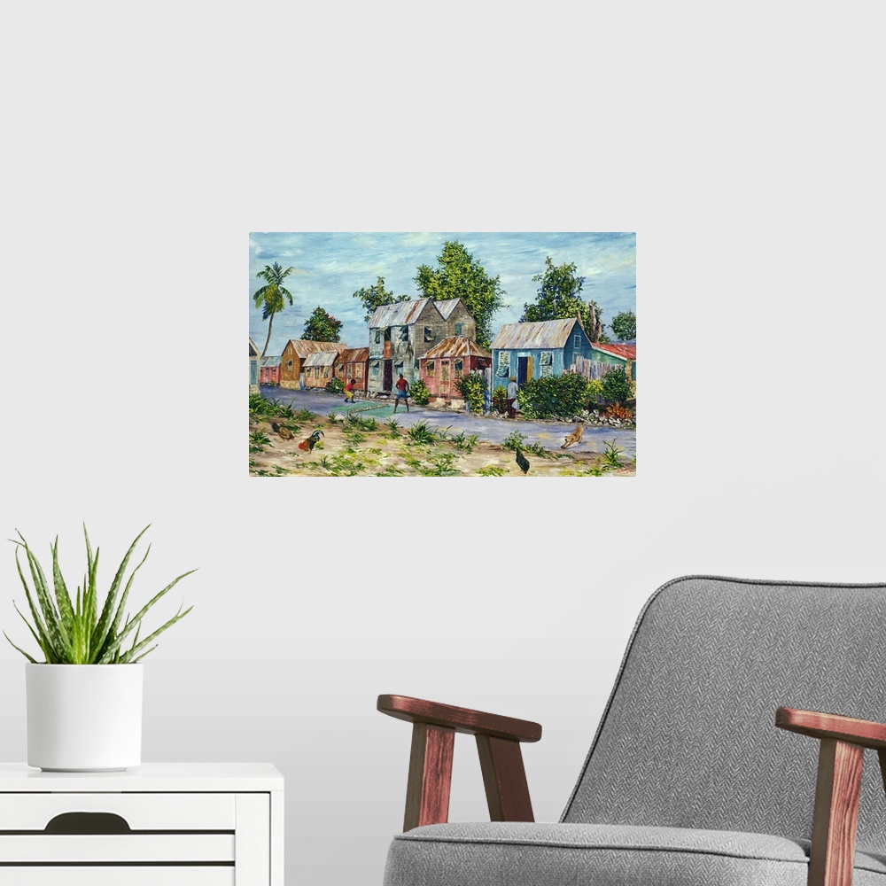 A modern room featuring Big oil painting on canvas of a village with kids playing in the street in front of brightly colo...