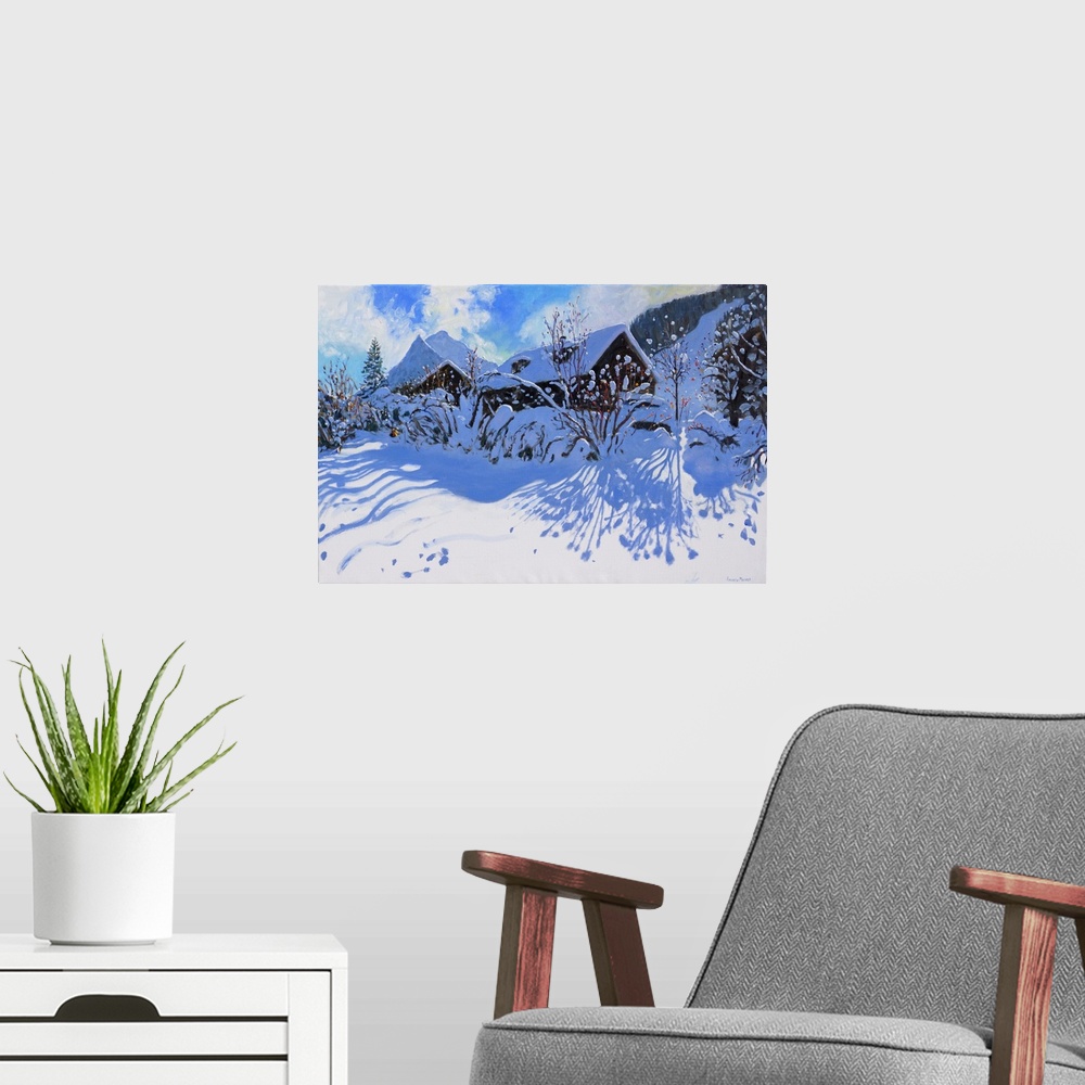 A modern room featuring Fresh snow, Morzine Village, 2015, oil on canvas.