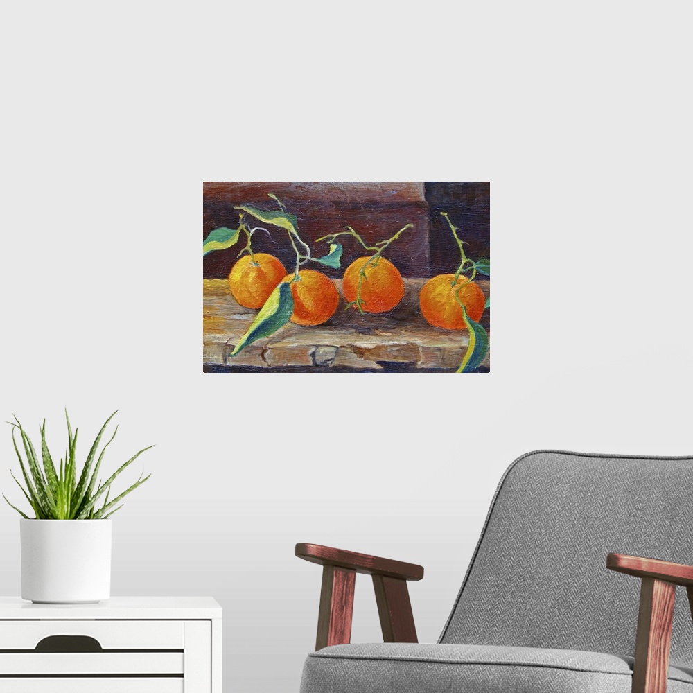 A modern room featuring Contemporary still-life painting of oranges sitting on a shelf.