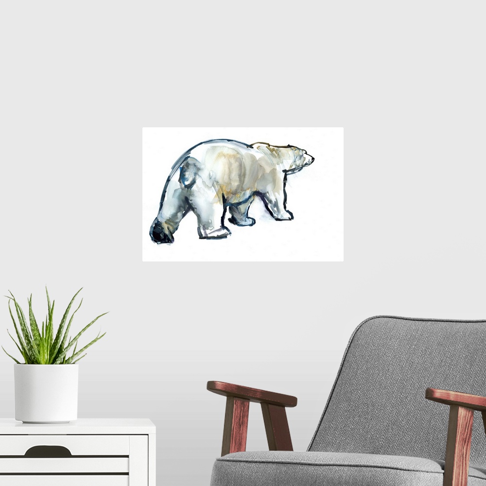 A modern room featuring Contemporary artwork of a polar bear against a white background.