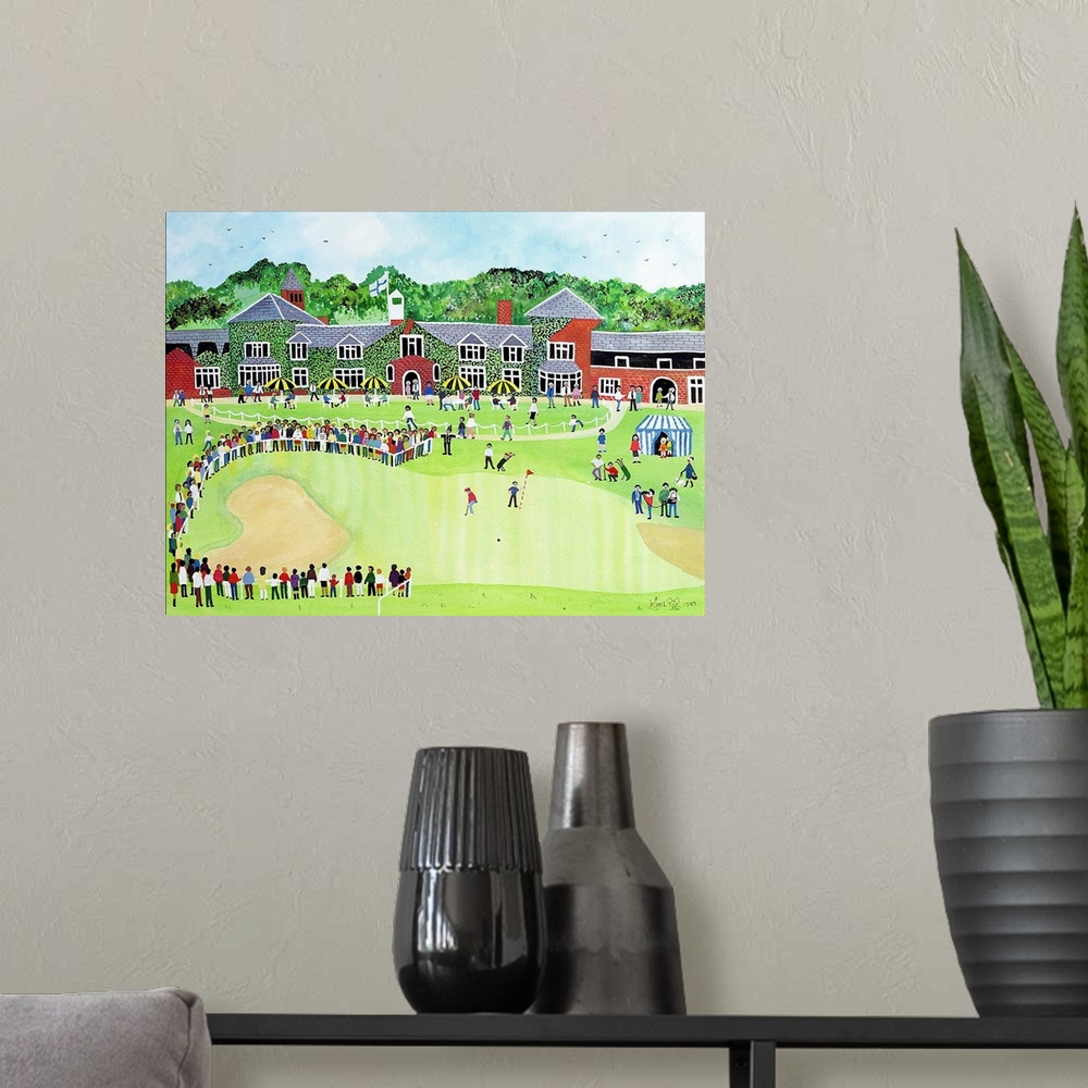 A modern room featuring Contemporary painting of people watching a golf game.