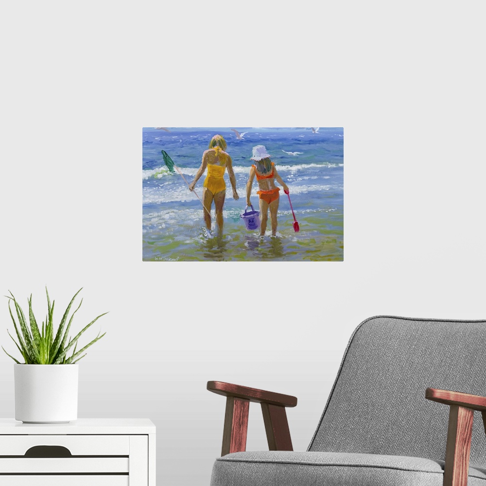 A modern room featuring Oil painting of two young girls from behind, standing in the ocean holding a fishing net, bucket,...