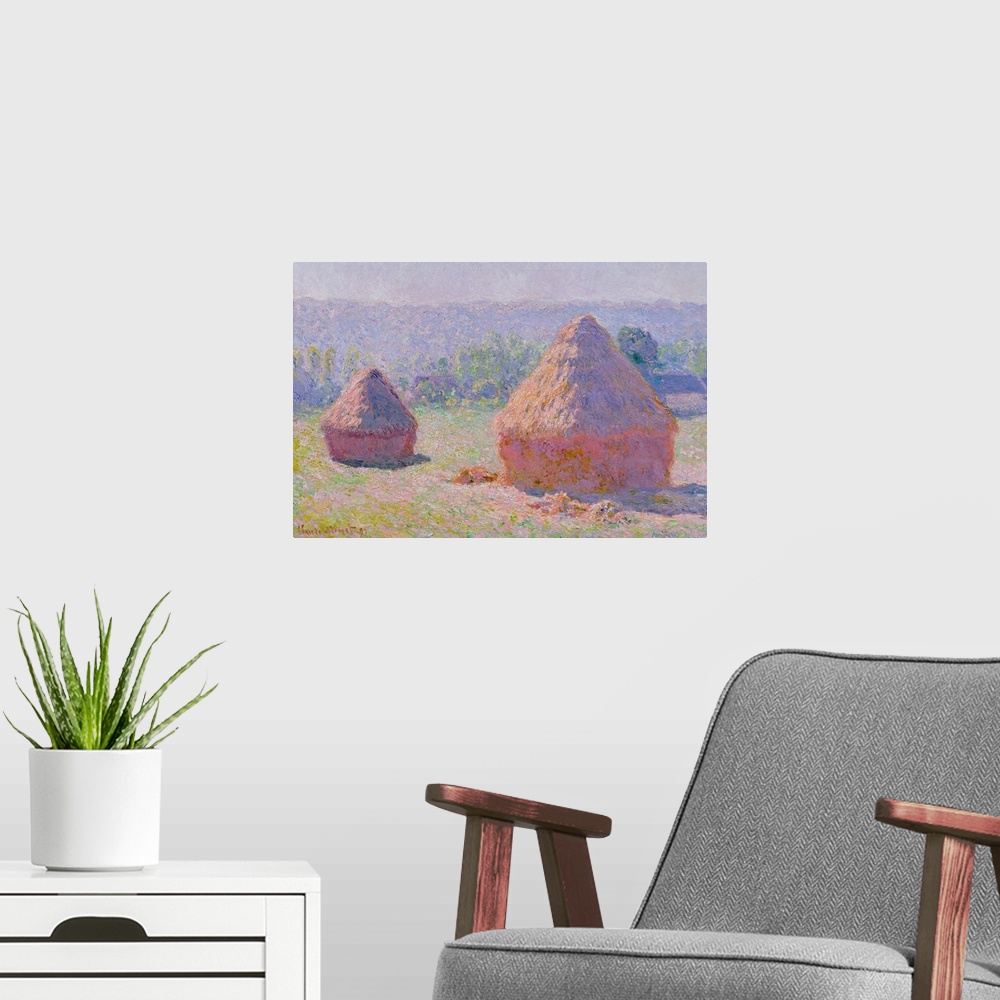 A modern room featuring A classic piece of artwork that shows two large grain stacks in an open field.