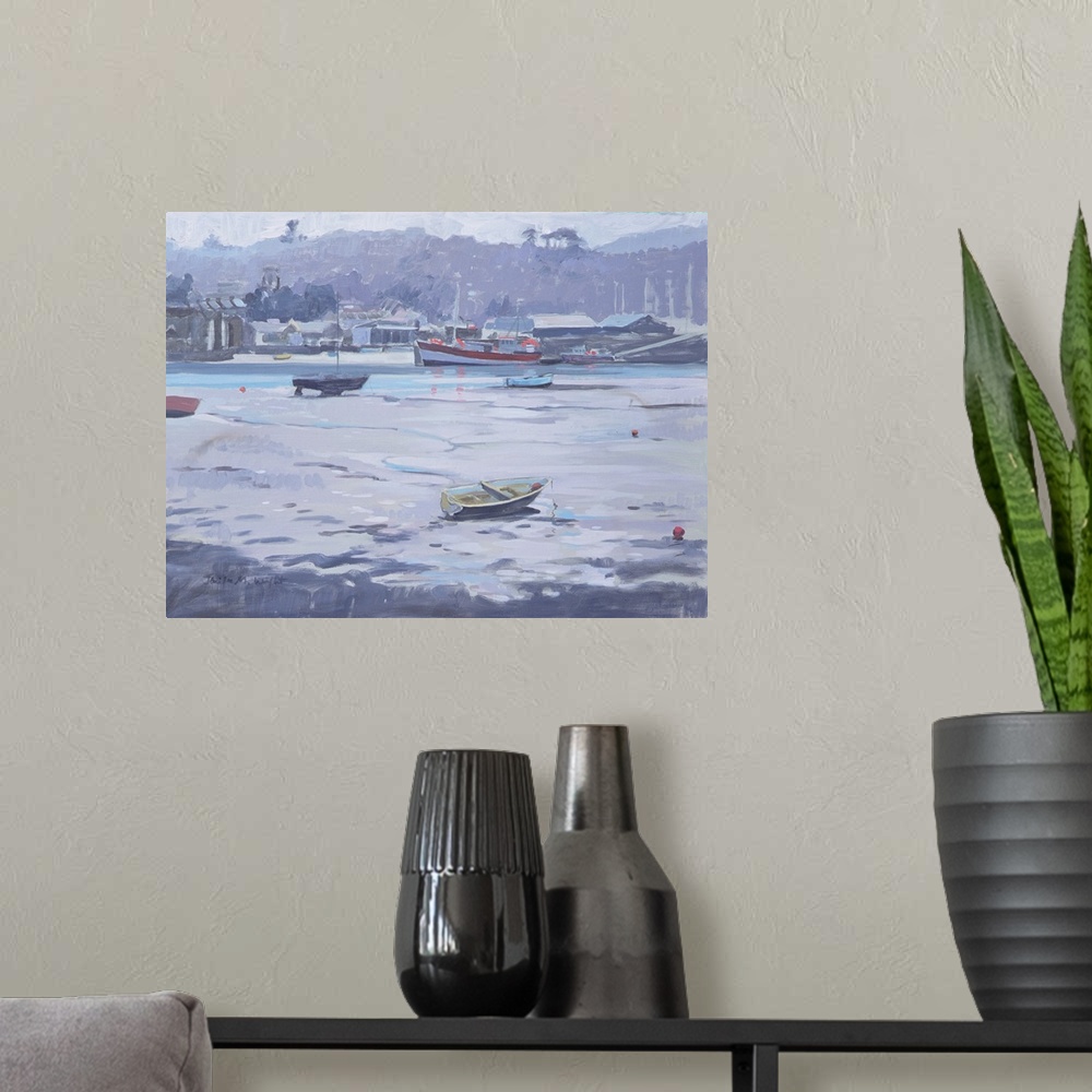 A modern room featuring Contemporary painting of a muggy looking harbor scene.