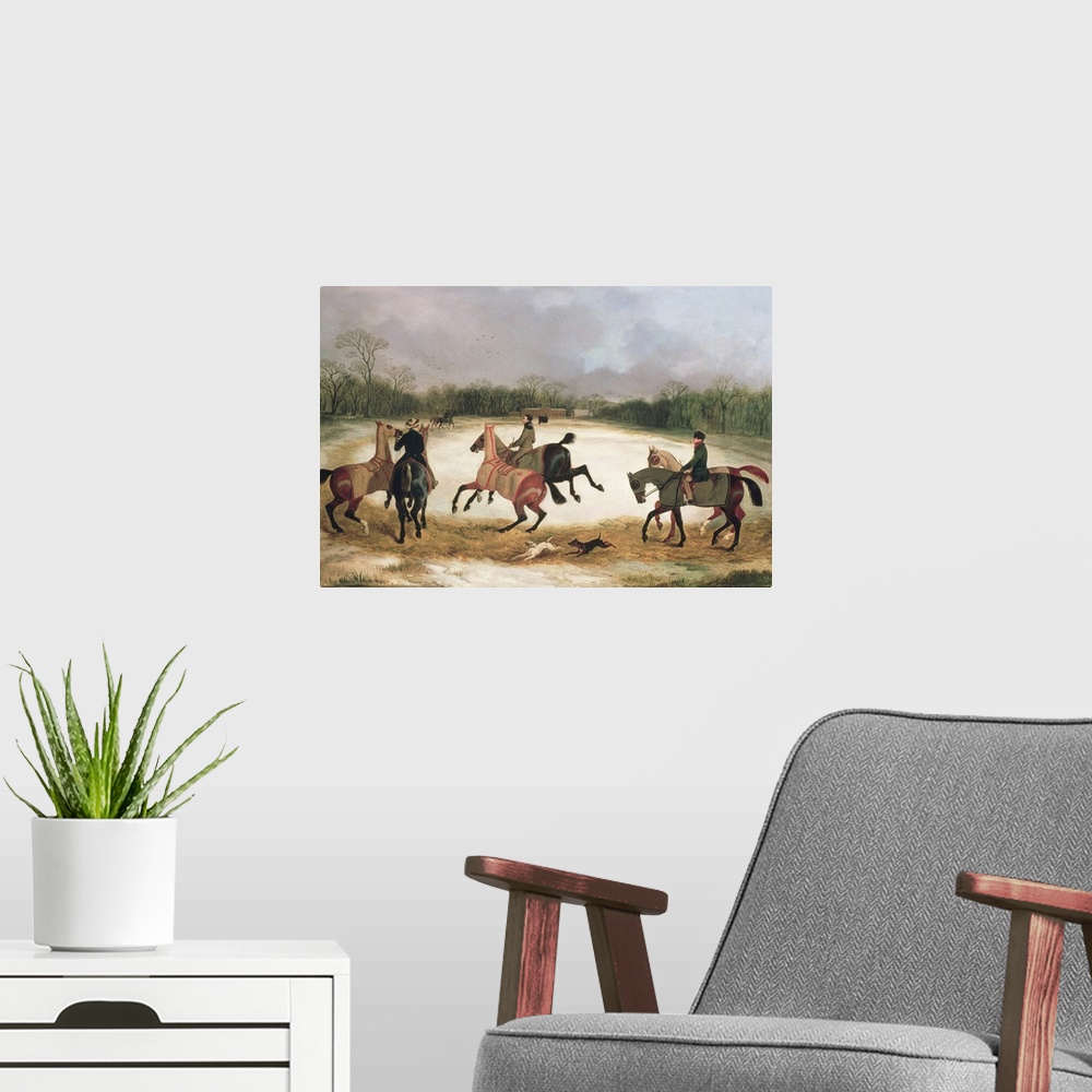 A modern room featuring BAL7198 Grooms exercising racehorses (oil on canvas)  by Dalby, David of York (1780-1849); Roy Mi...