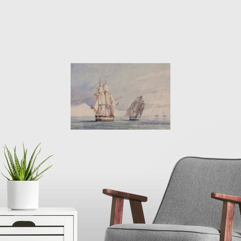 A modern room featuring H.M. Ships Erebus and Terror in the Ross Sea (w/c on paper)
