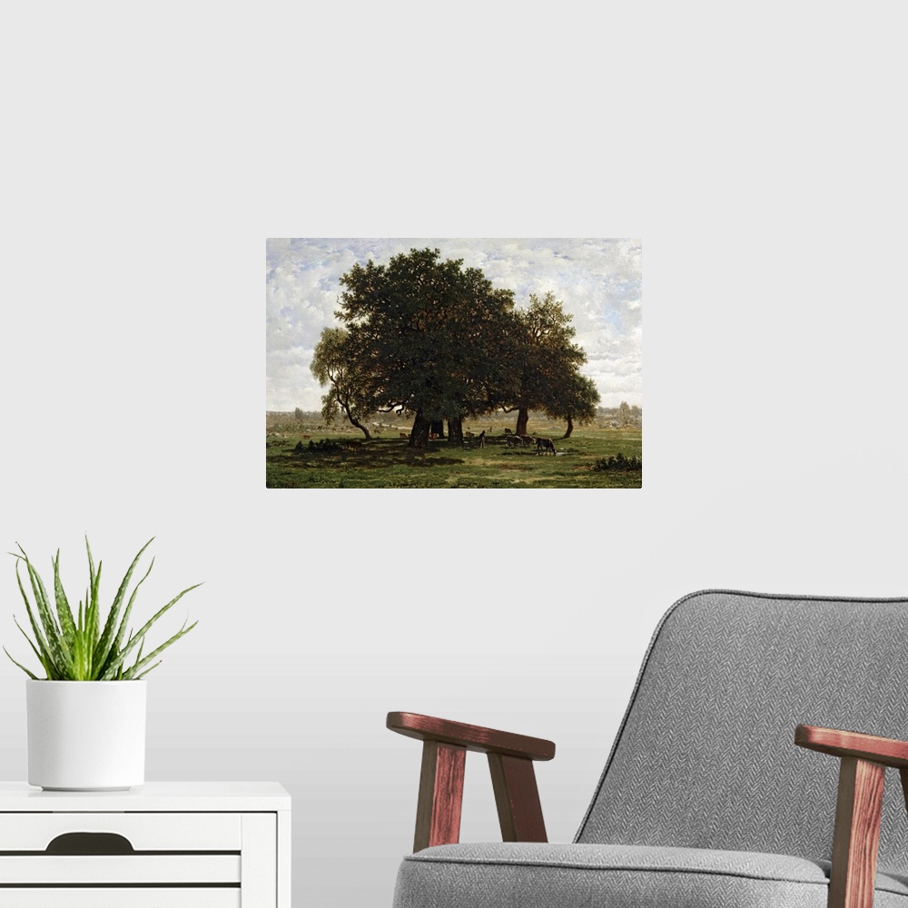 A modern room featuring A large oil painting of oak trees with a farmer and animals drinking from a small pool of water b...