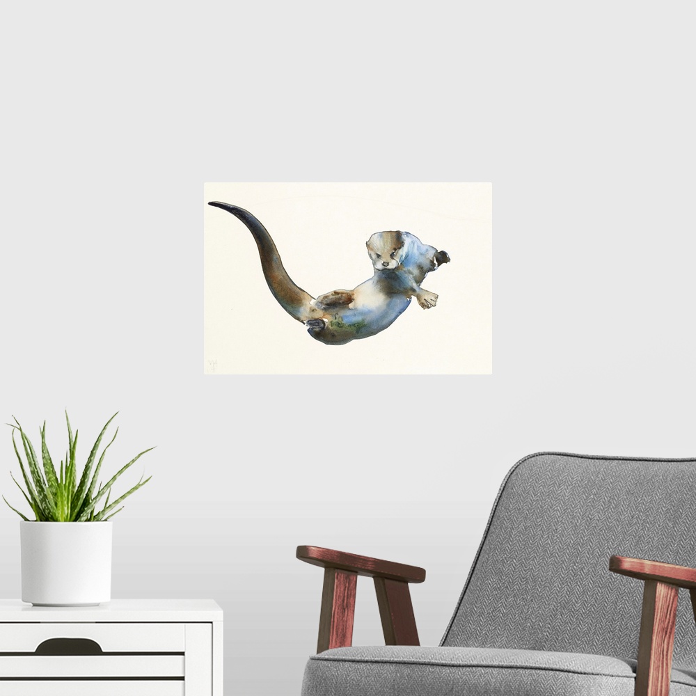 A modern room featuring Contemporary artwork of a sea otter from under water.